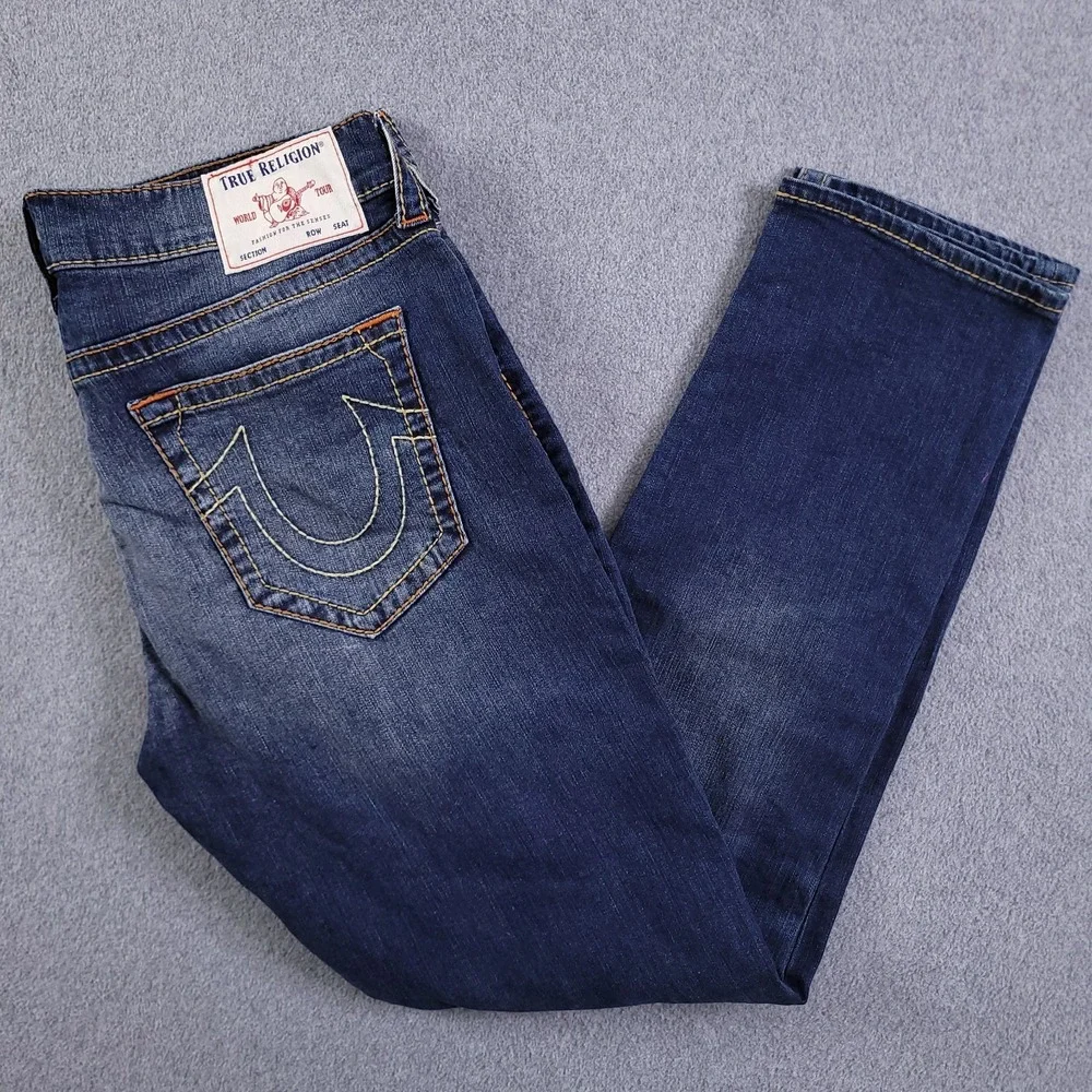 True Religion Jeans Mens 38x34 Geno Relaxed Slim Rope Stitch Blue Fade